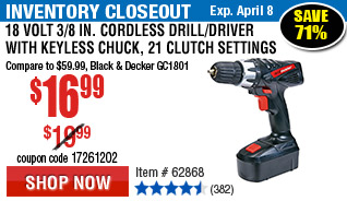 18 Volt 3/8 in. Cordless Drill/Driver With Keyless Chuck, 21 Clutch Settings