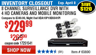 8 Channel Surveillance DVR with 4 HD Cameras and Mobile Monitoring Capabilities