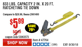 833 lbs. Capacity 2 in. x 20 ft. Ratcheting Tie Down