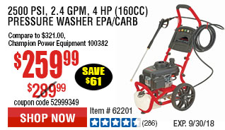2500 PSI, 2.4 GPM, 4 HP (160cc) Pressure Washer EPA/CARB