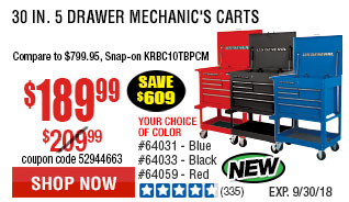 30 in. 5 Drawer Blue Mechanic's Cart