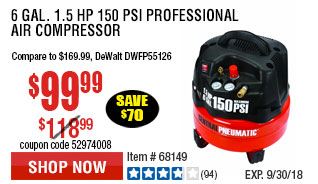6 gal. 1.5 HP 150 PSI Professional Air Compressor