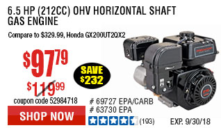 6.5 HP (212cc) OHV Horizontal Shaft Gas Engine EPA/CARB