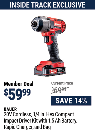 20v Cordless 1/4 in. Hex Compact Impact Driver Kit with 1.5Ah Battery, Rapid Charger, and Bag