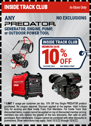 Any Predator Generator, Engine, Pump or Outdoor Power Tool - Inside Track Members Save 10% Off