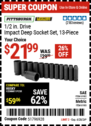 1/2 in. Drive SAE Impact Deep Socket Set, 13-Piece