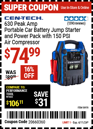 630 Peak Amp Portable Car Battery Jump Starter and Power Pack with 150 PSI Air Compressor