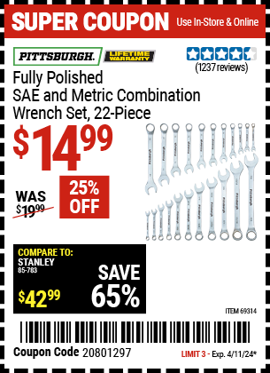 Fully Polished SAE and Metric Combination Wrench Set, 22 Piece