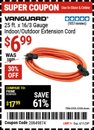 25 ft. x 16/3 Gauge Indoor/Outdoor Extension Cord, Orange