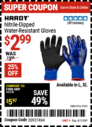 Nitrile Dipped Water-Resistant Gloves, Large