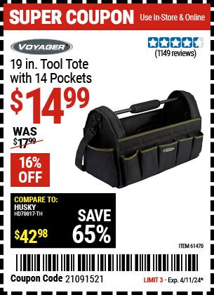 19 in. Tool Tote with 14 Pockets