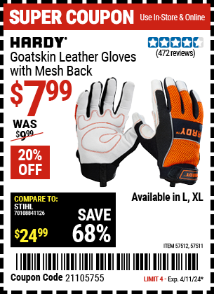 Goatskin Leather Gloves with Mesh Back, Large