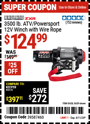 3500 lb. ATV/Powersport 12V Winch with Wire Rope