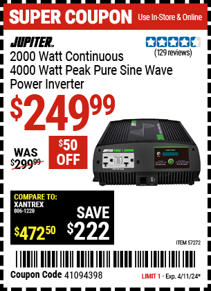 2000 Watt Continuous/4000 Watt Peak Pure Sine Wave Power Inverter