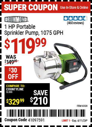 1 HP Portable Sprinkler Pump 1075 GPH