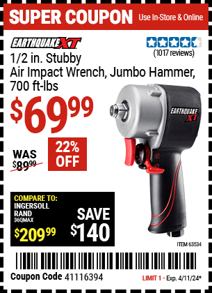 1/2 in. Stubby Air Impact Wrench, Jumbo Hammer, 700 ft. lbs.