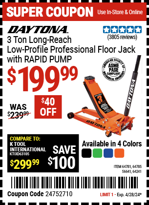 3 ton Long-Reach Low-Profile Professional Floor Jack with RAPID PUMP, Orange