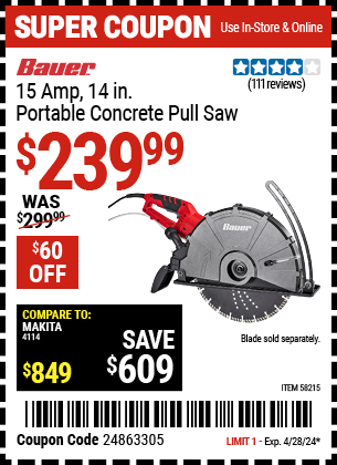 15 Amp 14 in. Portable Concrete Pull Saw