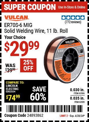 0.030 in. ER70S-6 MIG Solid Welding Wire, 11 lb. Roll