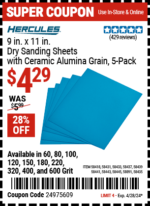 9 in. x 11 in. 100 Grit Dry Sanding Sheets with Ceramic Alumina Grain, 5 Pack