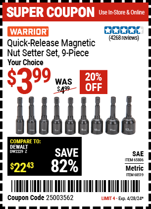 Quick Release Magnetic SAE Nut Setter Set, 9 Piece
