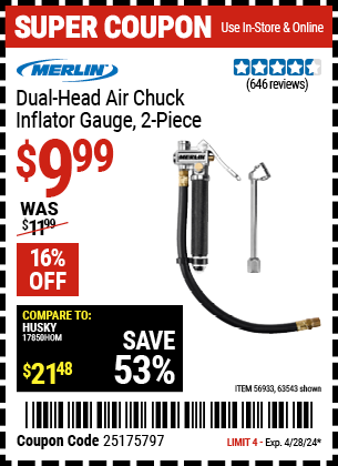 Dual Head Air Chuck Inflator Gauge, 2-Piece