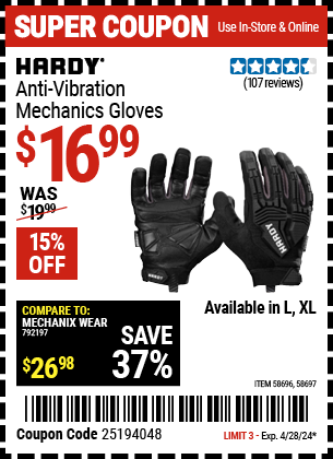 Anti-Vibration Mechanics Gloves, X-Large
