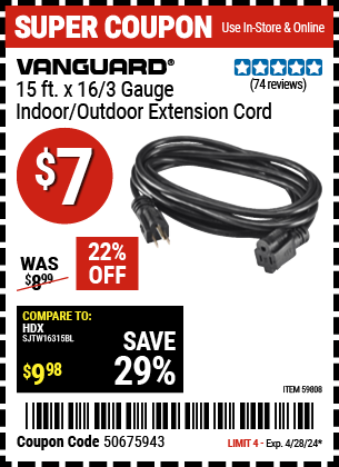 15 ft. x 16/3 Gauge Indoor/Outdoor Extension Cord, Black