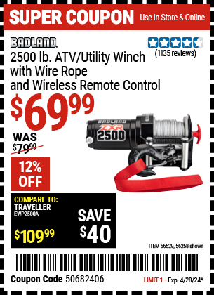 2500 lb. ATV/Utility Winch with Wire Rope and Wireless Remote Control