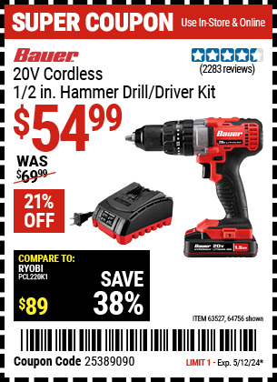 20V Cordless, 1/2 in. Hammer Drill/Driver Kit
