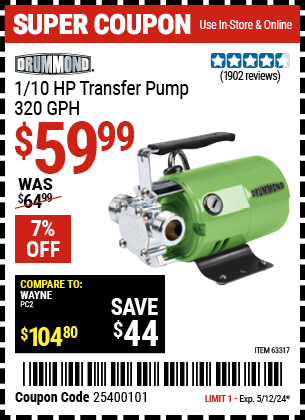 1/10 HP Transfer Pump 320 GPH