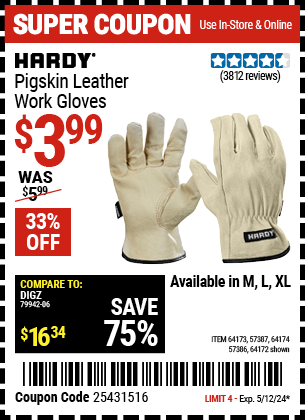 Pigskin Leather Work Gloves, Large