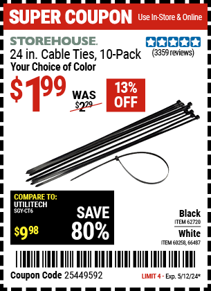 24 in. UV-Resistant Black Cable Ties, 10-Pack