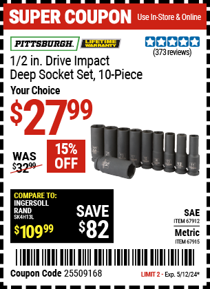 1/2 in. Drive SAE Impact Deep Socket Set, 10 Piece