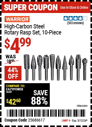 High Carbon Steel Rotary Rasp Set, 10-Piece