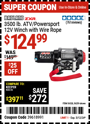 3500 lb. ATV/Powersport 12V Winch with Wire Rope