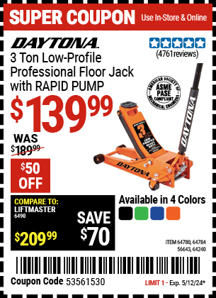 3 ton Low-Profile Professional Floor Jack with RAPID PUMP, Orange
