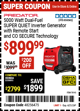 5000 Watt Dual-Fuel SUPER QUIET Inverter Generator with Remote Start and CO SECURE Technology