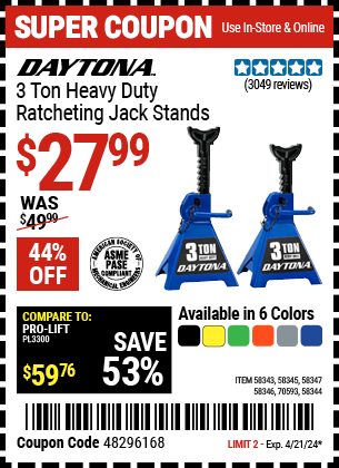 3 Ton Heavy Duty Ratcheting Jack Stands, Blue