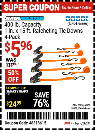 400 lb. Capacity, 1 in. x 15 ft. Ratcheting Tie Downs, 4-Pack