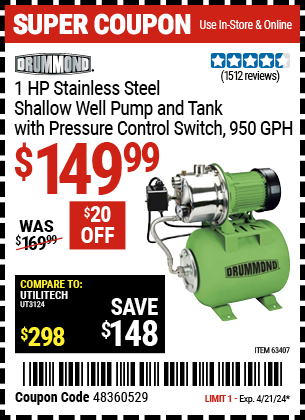 1 HP Stainless Steel Shallow Well Pump and Tank with Pressure Control Switch -  950 GPH