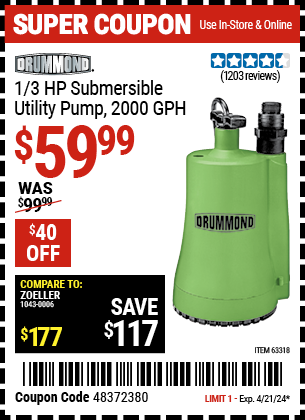 1/3 HP Submersible Utility Pump 2000 GPH