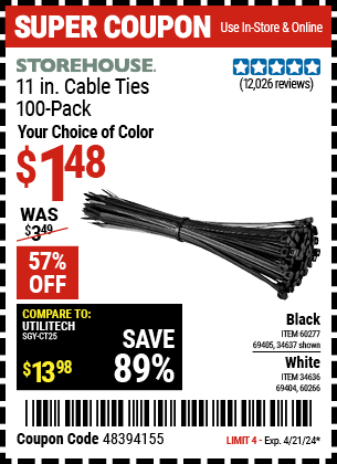 11 in. UV-Resistant Black Cable Ties, 100-Pack