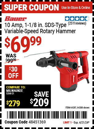 10 Amp, 1-1/8 in. SDS Type Variable-Speed Rotary Hammer