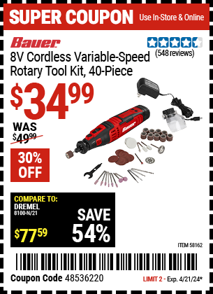 8V Cordless Variable Speed Rotary Tool Kit, 40 Piece