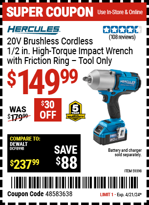 20V Brushless Cordless, 1/2 in. High Torque Impact Wrench with Friction Ring - Tool Only