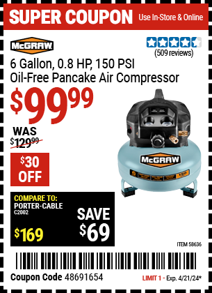 6 gallon 0.8  HP 150 PSI Oil-free Pancake Air Compressor