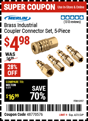 Brass Industrial Coupler Connector Set, 5 Piece