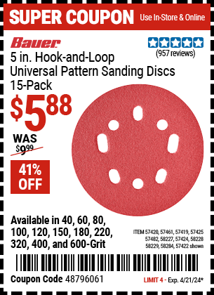 5 in., 100 Grit Hook and Loop Universal Pattern Sanding Discs, 15-Pack