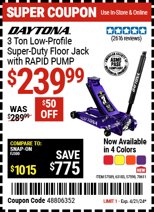 3 Ton Low-Profile Super-Duty Floor Jack with RAPID PUMP, Metallic Purple